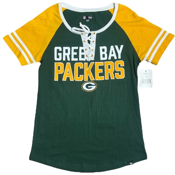 GREEN BAY PACKERS WOMENS GREEN GOLD LACE UP SHORT SLEEVE T-SHIRT SIZE SMALL - Picture 3 of 6